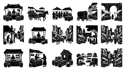 Obraz premium Black and White Silhouette Vector Set: Medieval Market Life, Historical Trade and Old Town Scenes