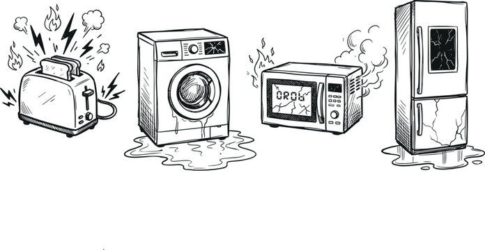 Broken household appliances sketch collection showing burning toaster leaking washing machine smoking microwave oven and cracked refrigerator vector