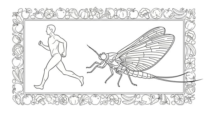 Man Running From Giant Insect, Surreal Concept, Food Border