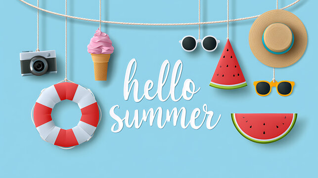summer greeting banner with ice cream, watermelon, hat, and camera isolated on transparent background