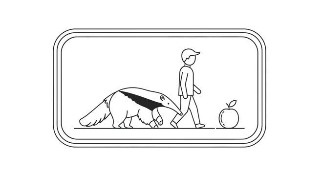 Man walks with anteater and apple, surreal concept, line art illustration