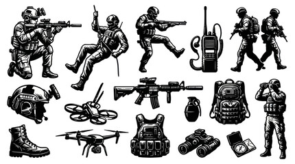 Obraz premium Military Soldier Gear Vector Icons - Soldier, Weapon, Drone, Backpack, Radio