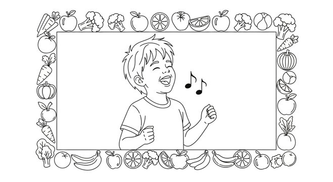 Happy boy singing with music notes, surrounded by a border of fresh fruits and vegetables.