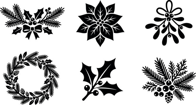 Christmas floral silhouette icon set featuring poinsettia flower wreath holly berries mistletoe and pine branches isolated on white background