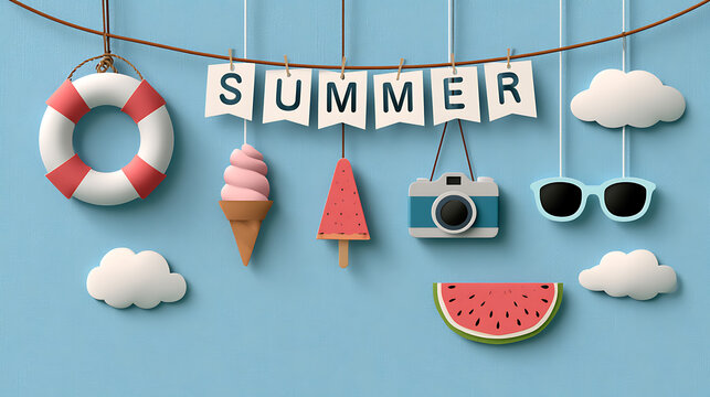 summer vacation essentials banner with ice cream life preserver camera sunglasses and watermelon isolated on transparent background