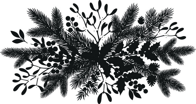 Christmas pine branch silhouette arrangement with holly berries and mistletoe leaves isolated on plain white background vector illustration