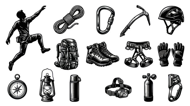 Climbing and Mountaineering Gear Engraving Style Icons Set. Outdoor Adventure Equipment Collection.