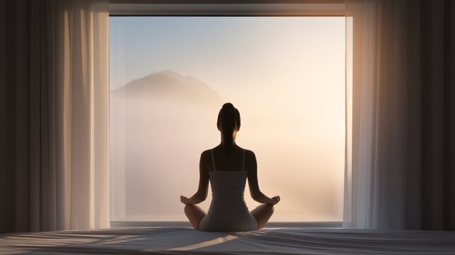 person meditating in morning light, stress reduction without caffeine, holistic health concept, serene atmosphere, lifestyle stock photo
