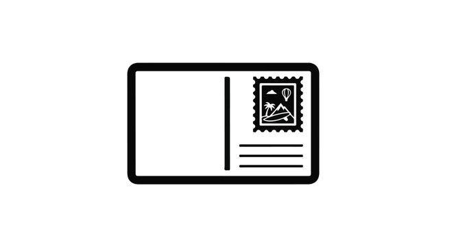 Postcard icon features a simple black outline with a stamp and lines for addressing, representing travel.