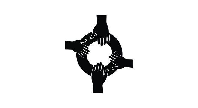 Four hands reaching inward to hold a circular object, representing unity and teamwork.