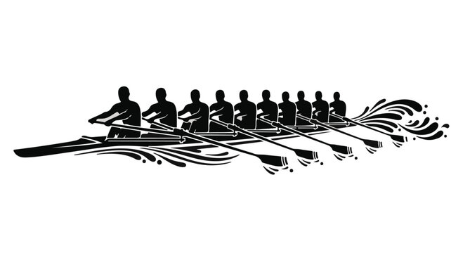 Rowing team in a long boat with oars creating splashes in the water, symbolizing teamwork and sport.