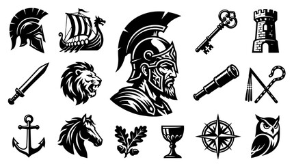 Obraz premium Ancient History, Mythology, Adventure Vintage Symbols Monochrome Vector Icons Collection Set