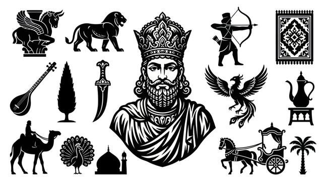 Persian Symbols Collection: King, Lion, Phoenix, Chariot, Carpet, Oud, Camel