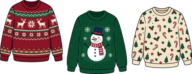 Colorful Christmas sweaters set with reindeer snowman and candy cane festive patterns isolated on plain white background vector illustration © ISMOTARA