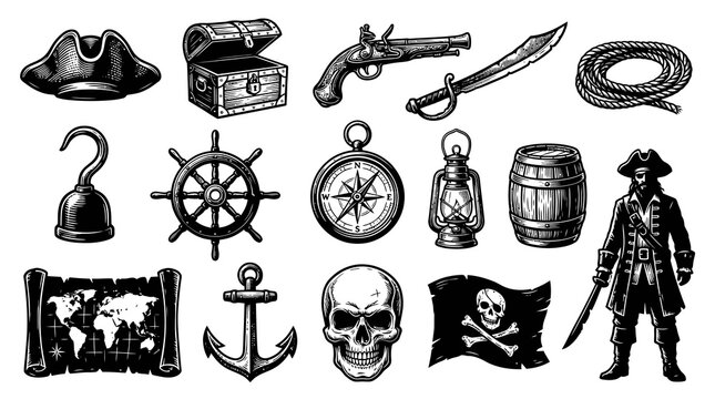 Black and White Engraved Pirate Icons Set. Adventure Nautical Symbols Collection with Skull, Map, Ship Wheel