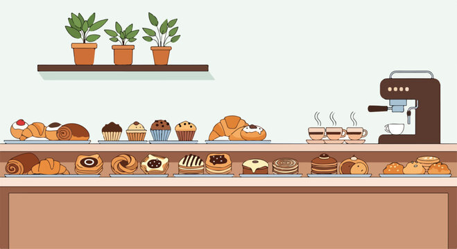 A colorful illustration of a bakery display