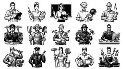 Obraz premium Black and White Vintage Line Art Collection of Diverse Professional People and Occupations