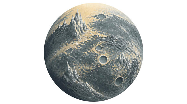 Sculpted Silicate Planet Featuring High Altitude Ice Spires, Isolated Cinematic Space Body Design for SciFi Worldbuilding, Cosmic Exploration Concept Art of a Distant Alien World with Craters.