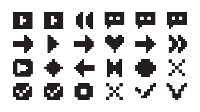 Pixel art icons set. retro game 8 bit ui elements. black and white user interface symbols.