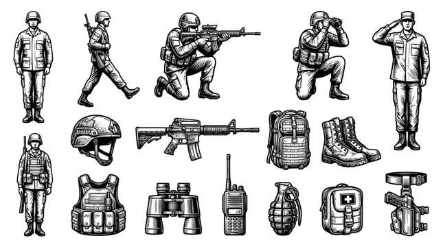 Hand-Drawn Black  White Line Art Vector Set: Military Army Soldiers and Combat Gear Equipment
