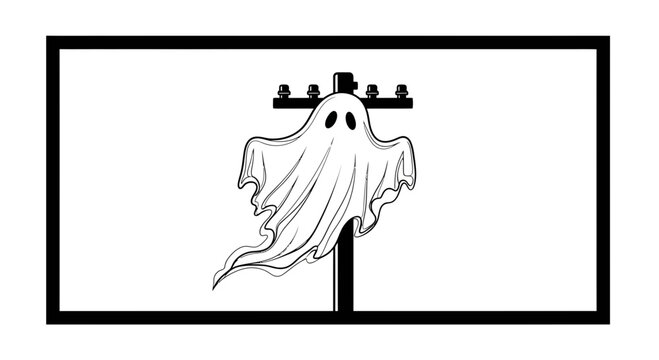 Spooky Ghost Haunting Electrical Pole, Halloween Spirit, Eerie Black and White Illustration