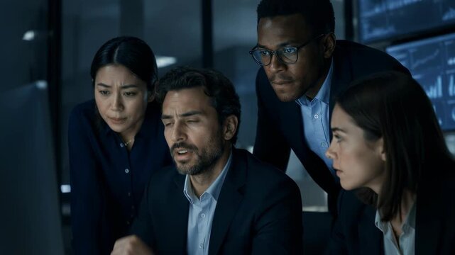 A diverse team of four focused professionals gathers around a glowing computer monitor in a modern dark office, working late to analyze data and collaborate on a critical business project together.