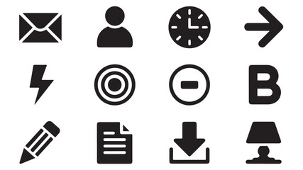 Pixel art icons for email, user, clock, arrow, lightning, target, minus and letter B. © MDABDUR