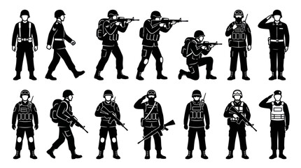 Fototapeta premium Black Silhouette Vector Glyph Icons Set of Military Soldiers and Army Personnel for Defense and Security Niche.