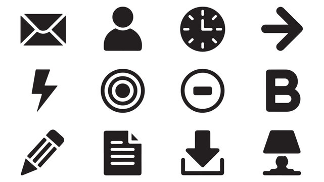 Pixel art icons for email, user, clock, arrow, lightning, target, minus and letter B.
