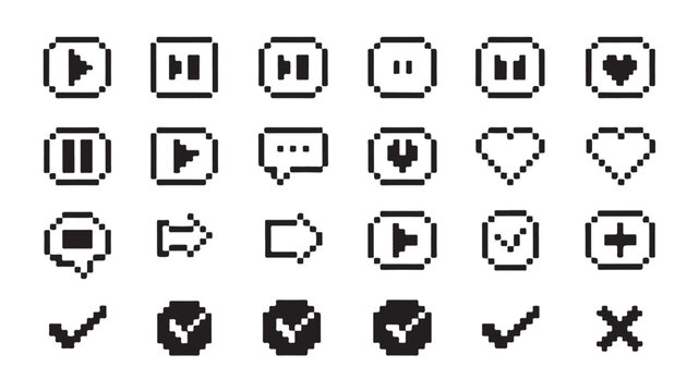 Pixel art icon collection for modern web applications interface isolated on grid background.