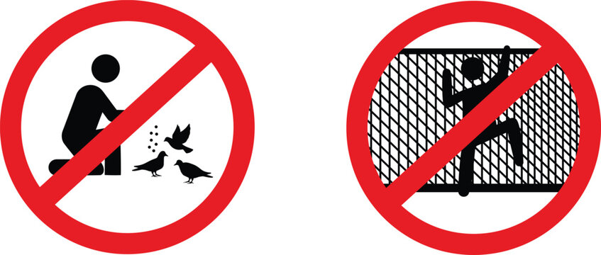 Set of clear prohibition signs warning against feeding animals and climbing fences in public areas clear vector icon illustration	