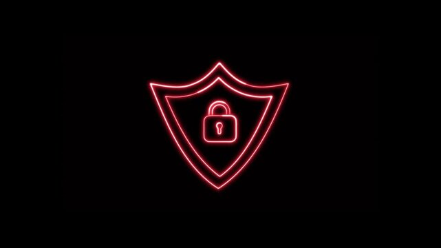 Neon Cyber Security Shield with Lock Symbol on Isolated Black Background