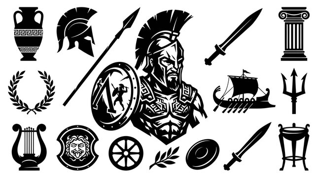 Ancient Greek Warrior Symbols: Spartan Soldier, Ship, Column, Lyre, Laurel
