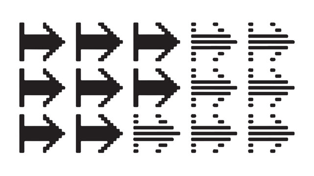 Pixel art arrow cursor set with directional signs and pointers for retro digital interface.