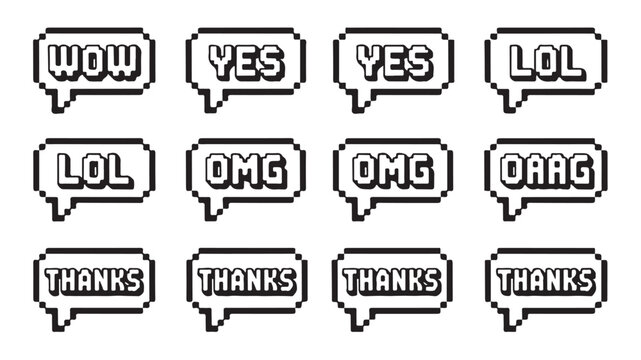 Retro pixel speech bubbles with text expressions wow yes lol thanks omg for chat interface.