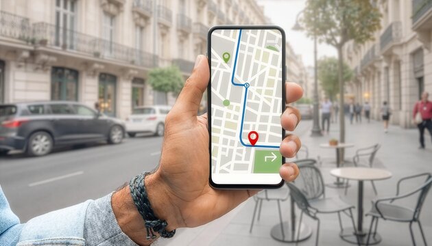Person holding a phone with a digital navigation map of paris travel apps, navigation technology, urban exploration, city guides, touristic apps.