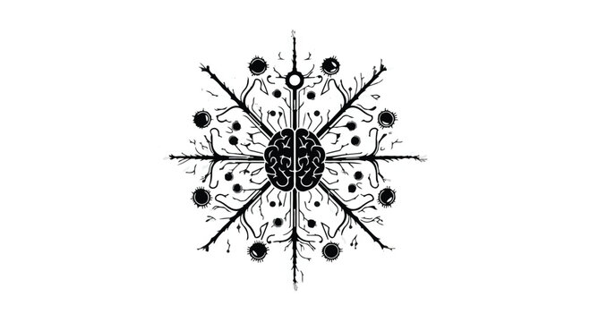 Brain illustration is surrounded by a symmetrical pattern of roots, leaves, and circular elements, all rendered in black and white.