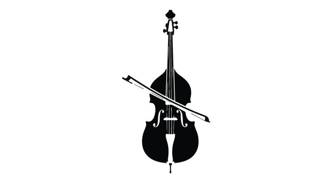 Double bass, a large string instrument, stands upright with its bow resting across its body, presented in a stark black and white graphic style.