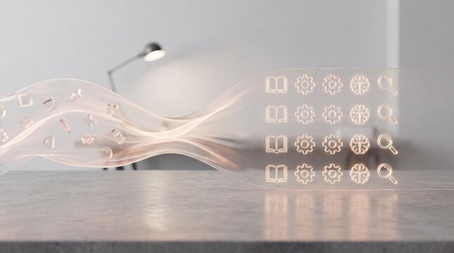Glowing neon tubes form wavy patterns on a table with a cube-shaped object nearby indoors.