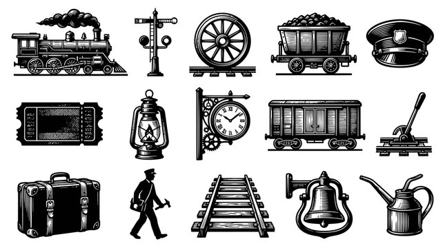 Vintage Railroad Transportation Elements Collection in Engraving Style - Train, Tracks, Worker, Signal, Locomotive.