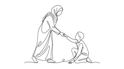 Obraz premium Continuous Line Drawing of a Muslim Mother Helping Her Child Stand Up Showing Support and Care for Family Education and Parenting
