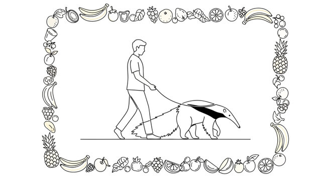 Man walking a giant anteater on a leash, surrounded by a fruit border