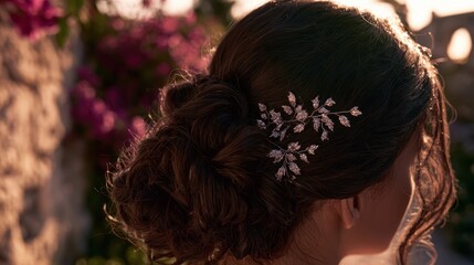 Naklejka premium Crystal leaf hair jewelry pinned into a textured bridal bun at sunset for boutique wedding services and professional hair stylist marketing