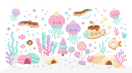 Fototapeta premium Cute Underwater Sweet Candy Jellyfish Submarine and Donut Vector Art
