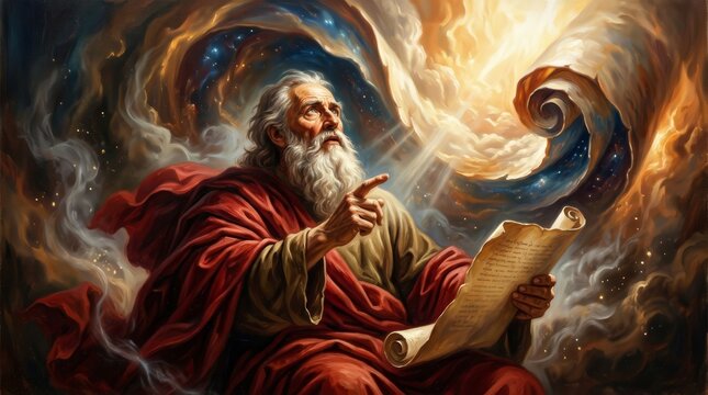 Prophet Isaiah declaring the word of the Lord as the heavens roll up like a scroll