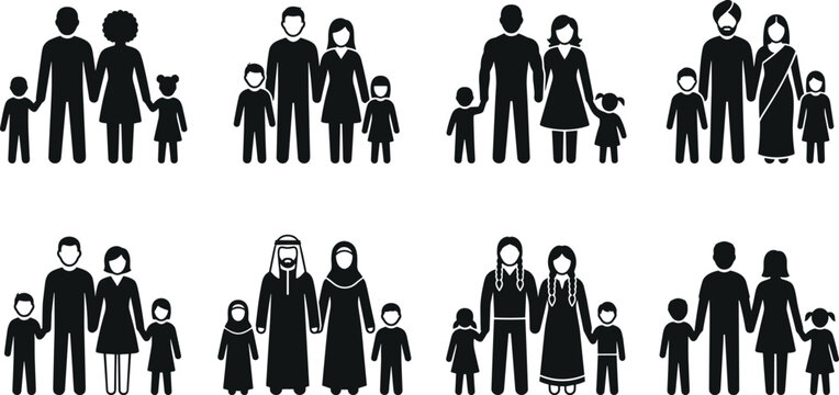 Diverse multicultural family silhouette icon set showing parents and children of different ethnicities cultures traditional clothing groups vector