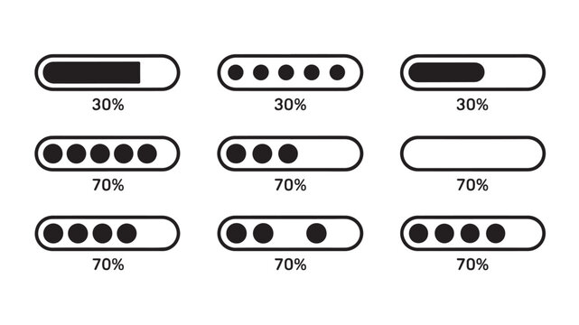 Loading bars set, black progress interface elements isolated on transparent background with percentage.