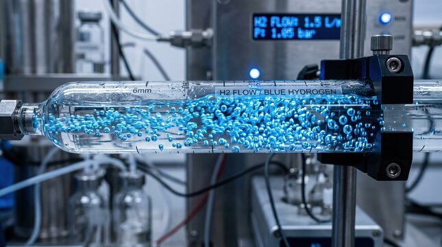Close-Up of a Blue Liquid Flow Inside a Transparent Lab Tube Surrounded by Industrial Clamps and Wires