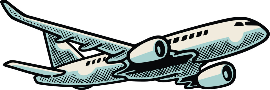 Cartoon passenger airplane in side view with blue shading, bold outline, and vintage halftone details, isolated on a clean white background