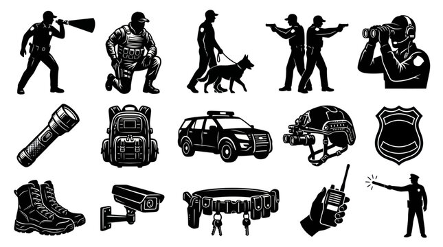 Law Enforcement and Security Forces Black and White Vector Silhouette Icons Collection